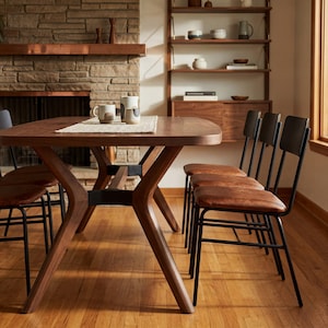 Puede incluir: Una mesa de comedor de madera con tablero rectangular y patas inclinadas, acompañada de cuatro sillas con estructura de metal negro y asientos de cuero marrón. Un camino de mesa claro sostiene dos tazas de cerámica y una jarra.