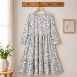 Patrón de costura en PDF del vestido Ariana, patrón de vestido midi con volantes, vestido de manga larga para mujer, vestido holgado estilo cottagecore, descarga instantánea.