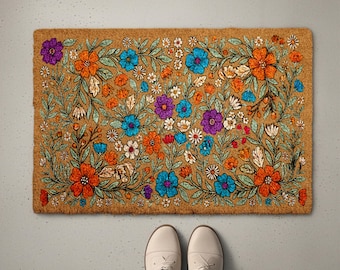 Boho Floral Doormat, Colorful Wildflowers Welcome Mat, Flower Pattern Housewarming Gift, Spring Front Porch Coir Rug, Home Entrance Decor