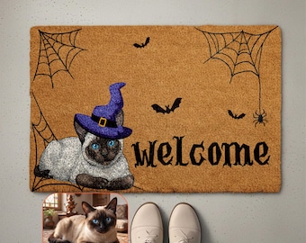 Custom Pet Watercolor Photo Halloween Doormat, Dog Cat Picture Welcome Mat, Dogs Cats Lover Spooky Season Gift , Pets Owner Front Porch Rug