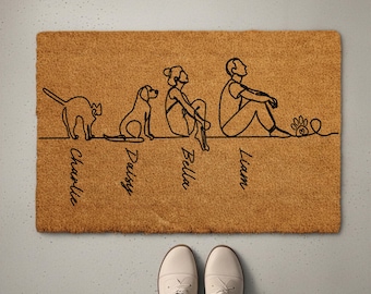 Personalized Pet Family Doormat, Custom Name Pet Line Art Welcome Mat, Dog & Cat Owner Couples Housewarming Gift, Pets Lover Front Porch Rug