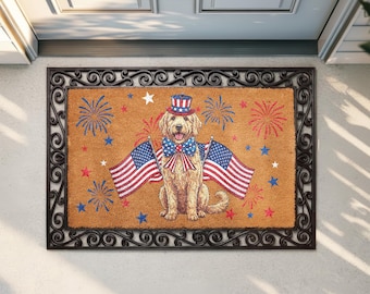 Goldendoodle 4th of July Doormat, Patriotic Dog Welcome Mat, USA 250th Anniversary Housewarming Gift, American Flag Front Porch Rug
