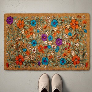 Boho Floral Doormat, Colorful Wildflowers Welcome Mat, Flower Pattern Housewarming Gift, Spring Front Porch Coir Rug, Home Entrance Decor