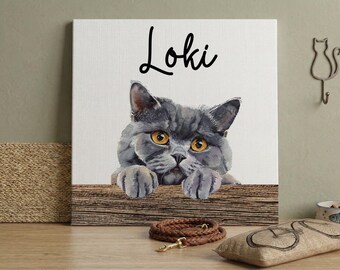 Custom Cat Photo Canvas Print, Pet Name Print Wall Art, Personalized Cats Lovers Artwork, Unique Pets Owner Gift