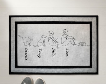 Custom Pet Family Doormat, Personalized Name Pet Line Art Welcome Mat, Dog & Cat Owner Couples Housewarming Gift, Pets Lover Front Porch Rug