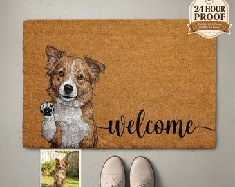 Personalized Pet Watercolor Portrait Doormat, Custom Dog Photo Welcome Mat, Cats Lover Housewarming Gift, Pets Owner Front Porch Coir Rug