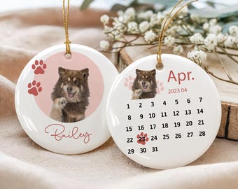 Custom Pet Photo Ornament, Gotcha Day Calendar Keepsake, Personalized Dog Birthday Decor, Pet Mom Adoption Gift, 2 Sided Ceramic Date Bauble