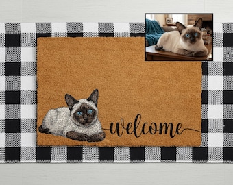 Personalized Pet Watercolor Portrait Doormat, Cat Photo Custom Welcome Mat, Cats Lover Housewarming Gift, Pets Owner Front Porch Coir Rug
