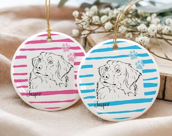 Custom Line Art Pet Ornament, Dog Portrait Keepsake, Personalized Pet Drawing from Photo with Name Decor, Striped Dog Mom Gift