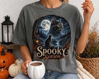 Spooky Season Cat Comfort Colors® Shirt, Black Cat Halloween Tee, Cat Lover Gift, Cute Fall Halloween Shirt