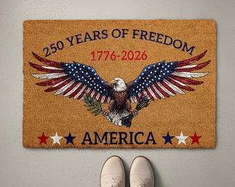 250 Years of Freedom Doormat, USA 250th Anniversary Welcome Mat, American Eagle Housewarming Gift, Patriotic Front Porch Coir Rug