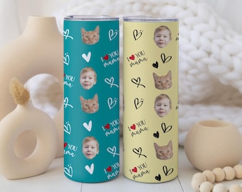 Personalized Kid's & Pet's Face Photo Tumbler with Straw, I Love You Mama Travel Cup, Custom Dog Lover Mom Gift, Mother's Birthday Present