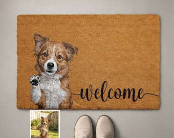 Personalized Pet Watercolor Portrait Doormat, Custom Dog Photo Welcome Mat, Cats Lover Housewarming Gift, Pets Owner Front Porch Coir Rug