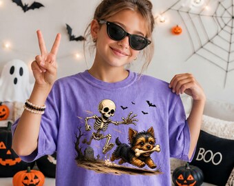 Yorkie Halloween Comfort Colors® Shirt, Funny Dog Skeleton Kids Tee, Yorkshire Terrier Dog Lover Gift Shirt1