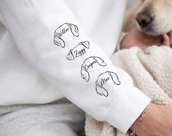 Personalized Dog Ear with Name on Sleeve Sweatshirt, Custom Pet Names Dog Mom Hoodie, Pets Lovers Gift, Birthday Gift For Dog Lovers