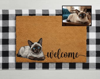 Personalized Pet Watercolor Portrait Doormat, Cat Photo Custom Welcome Mat, Cats Lover Housewarming Gift, Pets Owner Front Porch Coir Rug