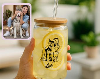 Personalized Photo to Line Art Dog Mom Can Glass Tumbler, Custom Illustration Iced Coffee Cup, Pet Names Tumblers with Bamboo Lid + Straw