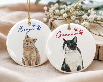Custom Watercolor Cat Photo & Name Ornament, Pet Illustration Ceramic Keepsake, Cat Lover Mom Gift, Pet Memorial Keepsake