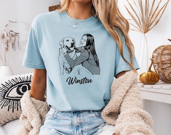 Custom Dog and Owner Photo Comfort Colors® Shirt, Personalized Pet Illustration T-shirt, Pets Mom Dad Gift, Line Art Dog Mom Tee