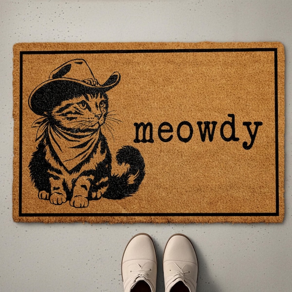 Meowdy Cat Doormat, Cowboy Cat Welcome Mat, Funny Western Home Entrance Decor, Southern Style Front Porch Rug, Howdy Cat Housewarming Gift