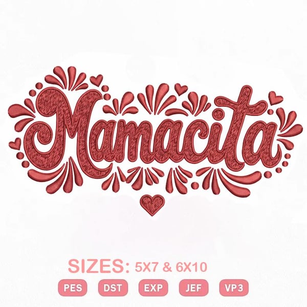 Diseño de bordado Mamacita / Arte de palabras en español, corazones (descarga digital, 5 x 7, 6 x 10 pulgadas)