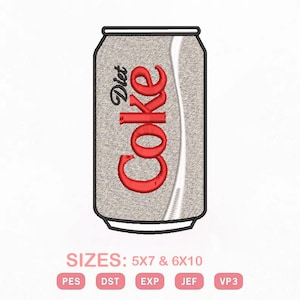 Puede incluir: Un diseño de bordado de una lata de refresco plateada con el texto rojo Diet Coke. El diseño incluye una línea curva blanca y está etiquetado con los tamaños 5x7 y 6x10 pulgadas, junto con los formatos PES, DST, EXP, JEF y VP3 debajo de la lata.