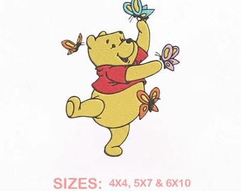 Diseño de bordado de Winnie the Pooh / Mariposas, 3 tamaños (Descarga digital)