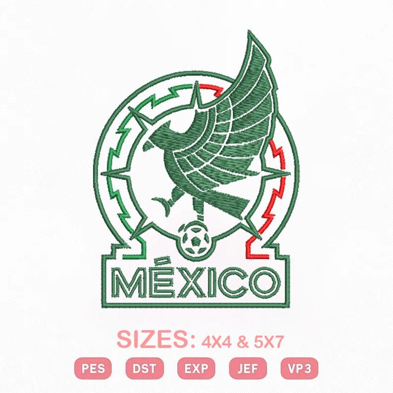 May include: Green and red embroidered emblem of Mexico's national symbol, an eagle with a soccer ball, surrounded by a circular design. The word "M&Eacute;XICO" is below the emblem. Text at the bottom indicates sizes and file formats.