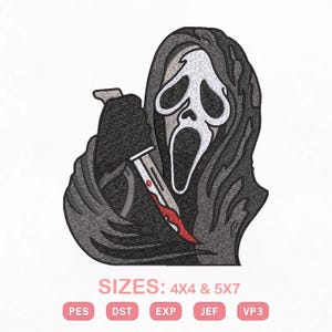 May include: An embroidered patch design featuring a hooded figure with a white mask, black robes, and a silver knife with red blood stains. The text below reads SIZES: 4X4 & 5X7, followed by file formats PES, DST, EXP, JEF, and VP3 in small boxes.