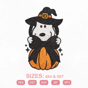 May include: An embroidery design featuring a white dog wearing a black witch hat with an orange buckle, holding a large black bow over an orange pumpkin. The text below reads SIZES: 4X4 & 5X7, followed by file formats PES, DST, EXP, JEF, and VP3.