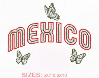 Mexico Butterfly Embroidery Design - College Varsity Font Digital Machine Embroidery File - Instant Download