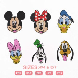 Paquete de diseños de bordado de Mickey y sus amigos: 6 caras de personajes, varios tamaños y formatos.