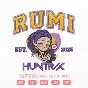 Rumi Huntrix embroidery design mockup showing a purple-haired anime girl with the text RUMI and EST 2025 on a light background.