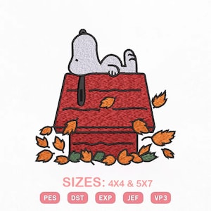 May include: An embroidery design featuring a white dog lying on top of a red doghouse, surrounded by scattered orange and green autumn leaves. Below the illustration, the text reads SIZES: 4X4 & 5X7, followed by file formats PES, DST, EXP, JEF, and VP3.