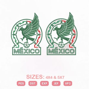 May include: Two embroidered patches featuring the Mexican national emblem. The design includes a green eagle with a soccer ball, surrounded by a green and red circular border, and the word "MÉXICO" below. The patches are in green and white.