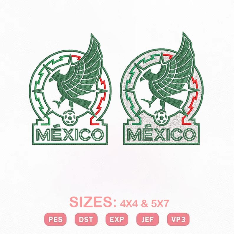 Digital machine embroidery design of the green and red Mexico national football team crest for the World Cup, featuring a stylized eagle over a soccer ball with the text MEXICO below, shown with file format badges for PES, DST, EXP, JEF, and VP3 in sizes 4x4 and 5x7.