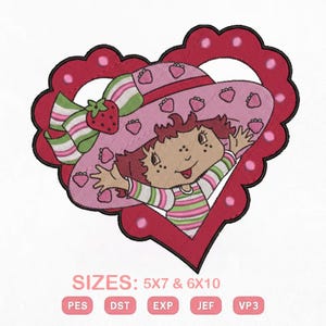 Könnte beinhalten: Gesticktes Design mit einer Cartoonfigur in einem rosa Hut mit Erdbeermotiven, umrahmt von einem roten Herzen. Die Figur trägt ein gestreiftes Hemd und hat Sommersprossen. Der Text "SIZES: 5X7 & 6X10" ist zu sehen.