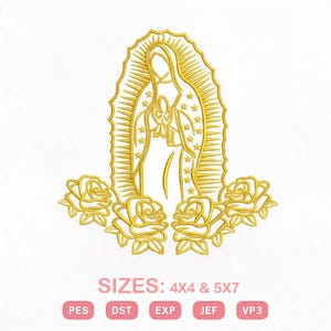 Könnte beinhalten: Goldenes Stickdesign mit der Jungfrau Maria mit Heiligenschein, Sternen und Rosen. Das Bild enthält den Text "SIZES: 4X4 & 5X7" und Dateityp-Abkürzungen.