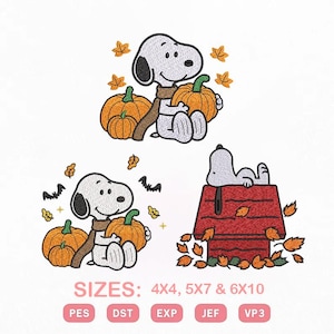 Könnte beinhalten: Maschinenstickmuster mit Snoopy, orangefarbenen Kürbissen und Herbstblättern sowie Snoopy auf einer roten Hundehütte. Der Text lautet SIZES: 4X4, 5X7 & 6X10, mit den Dateiformaten PES, DST, EXP, JEF und VP3 unter den Designs.