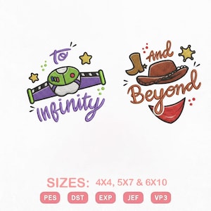 Puede incluir: Diseños bordados con las frases "To Infinity" y "And Beyond". El diseño "To Infinity" incluye un comunicador de muñeca de guardabosques espacial morado y verde. El diseño "And Beyond" incluye un sombrero de vaquero y una bota.
