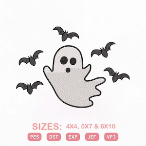 May include: An embroidery design featuring a central white ghost with black outlines and three black circular facial features, surrounded by four small black bats. Text below reads SIZES: 4X4, 5X7 & 6X10, followed by file formats PES, DST, EXP, JEF, VP3.