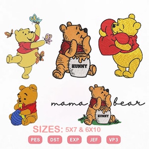 May include: Embroidered designs of Winnie the Pooh in different poses. One Pooh is dancing with butterflies, another is hugging a red heart, and others are with honey pots. The text "mama bear" is also included.