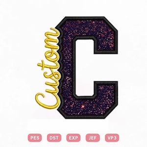 May include: An embroidered letter C with a dark purple and orange speckled glitter texture, outlined in black. The word custom is written in yellow cursive script to the left. Below are five pink rectangular labels with the text PES, DST, EXP, JEF, VP3.