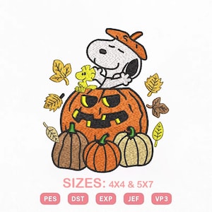Snoopy & Woodstock Halloween Embroidery Design, Peanuts Inspired Fall Pumpkin Pattern, Digital Instant Download