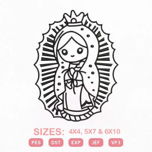 Puede incluir: Ilustración en blanco y negro de una figura religiosa con corona, rodeada por un marco ovalado. La imagen incluye el texto "SIZES: 4X4, 5X7 & 6X10" y las abreviaturas "PES", "DST", "EXP", "JEF" y "VP3".