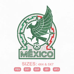 May include: An embroidered emblem featuring the Mexican coat of arms, with a green eagle perched on a cactus, a soccer ball, and the word "M&Eacute;XICO" below. The design is outlined in green and red, with text indicating available sizes.