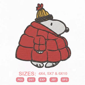 May include: Embroidered design of a cartoon character wearing a red quilted coat and a yellow and black hat. The character has a white face, black eyes, and a black nose. The text "SIZES: 4X4, 5X7 & 6X10" is below the character.