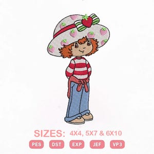 May include: Embroidered design of a cartoon character wearing a strawberry-themed hat and red and white striped shirt. The character is wearing blue jeans and has red hair. The image includes the text "SIZES: 4X4, 5X7 & 6X10".