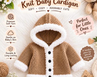 May include: A tan knit baby cardigan with a hood, featuring white fuzzy trim along the hood, cuffs, and hem. The garment has four black buttons down the centre front. Text on the image includes "Handmade with Love", "Knit Baby Cardigan", "Soft", "Cozy", "Adorably Cute", "Premium Soft Yarn", "Gentle on Baby's Skin", "Durable & Long Lasting", "Perfect for Little Ones", and "A timeless piece for special moments."