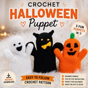 May include: Three crochet hand puppets featuring a white ghost, a black devil with yellow horns and bowtie, and an orange jack-o'-lantern. Text reads: CROCHET HALLOWEEN PUPPET, 3 FUN PUPPETS IN 1, INSTANT DOWNLOAD, EASY TO FOLLOW CROCHET PATTERN.